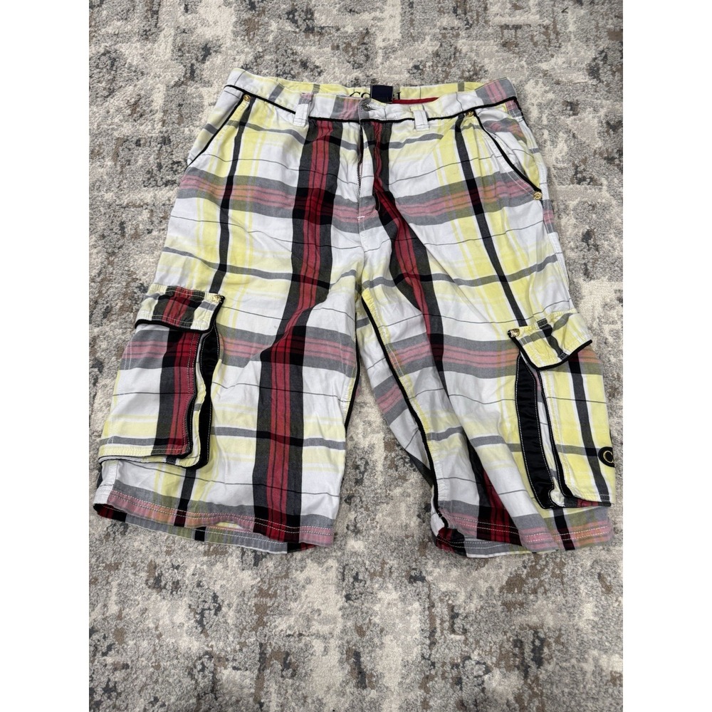 VTG COOGI Shorts Men's 42 Cargo Plaid Red Gold Skater Hip Hop‎ 90s Wide Leg Y2K